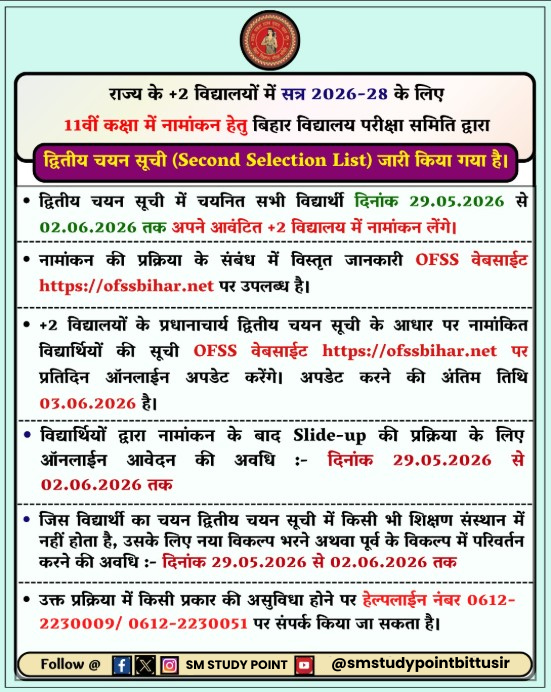 OFSS 2nd Selection List 2026 Released: Download Bihar Inter Admission Second Merit List PDF