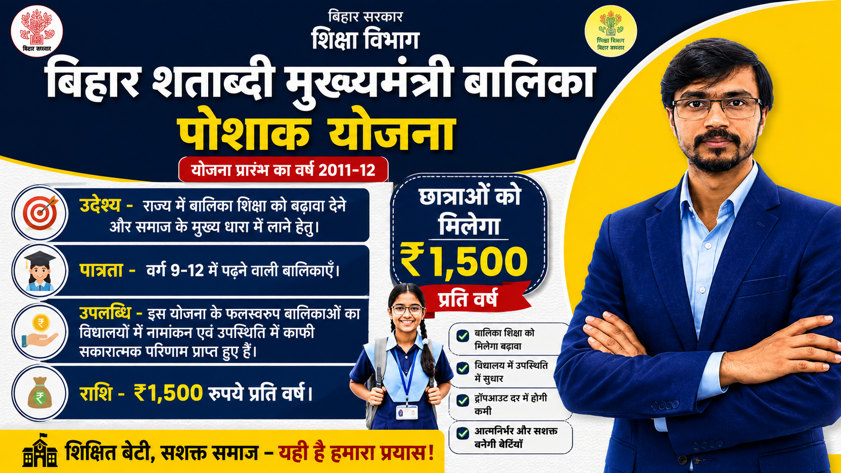 बिहार शताब्दी मुख्यमंत्री बालिका पोशाक योजना 2026 छात्राओं को ₹1500 सहायता