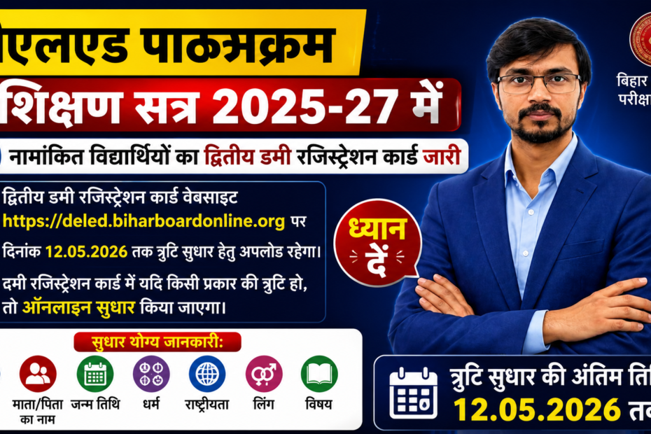 Bihar Board D.El.Ed Dummy Registration Card 2026 correction last date poster with SM Study Point teacher image