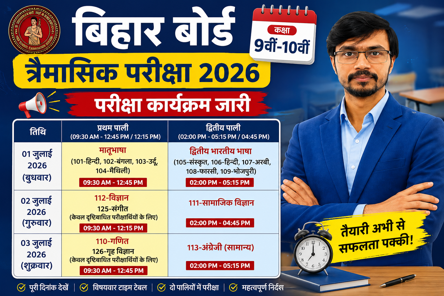 Bihar Board Quarterly Exam Routine 2026 Official Time Table