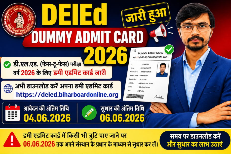 Bihar Board DElEd Dummy Admit Card 2026 Download and Correction Last Date 06 June 2026
